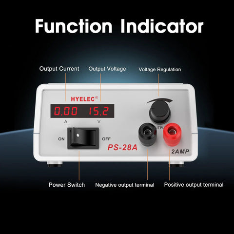Front view of Continuously Adjustable DC Power Supply 1.5V to 15V Regulated Bench Supply, 2A Max, with LED Display and controls