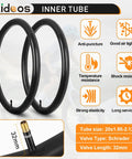Folding 20x2.125 Mountain Bike Tires Pack With Levers and Schrader Valve Puncture Resistant Replacement Tires For BMX MTB Off Road Riding 57 406 Size Two Pack, showing included Schrader valve inner tubes and tire features