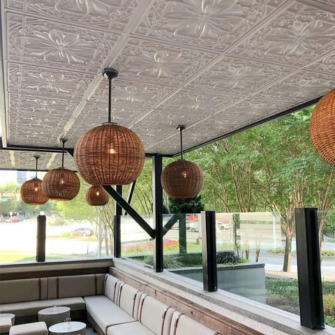 Dope 2x2 PVC Ceiling Tile Set For Easy Makeover Lay In Or Glue Up 10 Piece Pack Covers 40 Sq Ft Patina Finish in outdoor restaurant.