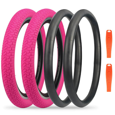 20 Inch Bike Tire Set 2 Pack 2.125 Inch Wide Folding Bead Replacement Tires with Inner Tubes for 20 Inch Bicycles MTB and BMX Magenta