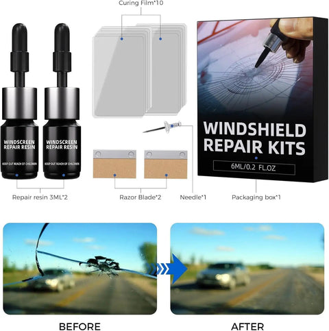 Windshield Crack Repair Kit For Chips And Cracks Quick Easy Glass Chip Fix For Cars Trucks And SUVs With Durable Resin Pro Grade Results Budget Friendly Car Glass Repair Tool with resin, curing films, and blade