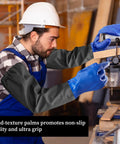 Worker wearing heavy duty 25 inch PVC chemical resistant waterproof gloves for chemical and acid work long rubber safety gloves