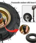 Rock Tough 10 Inch Swivel Caster Wheels Thick Pneumatic Rubber Tires close-up with inner tube and valve for easy inflation.