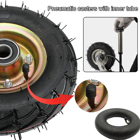 Rock Tough 10 Inch Swivel Caster Wheels Thick Pneumatic Rubber Tires close-up with inner tube and valve for easy inflation.