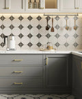Kitchen view showing Gold Brushed Cabinet Handle Set Of 20 With Five Inch Center To Center Square Pulls on grey drawers.