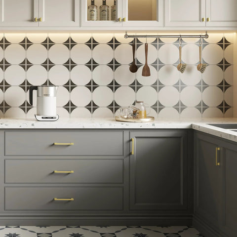 Kitchen view showing Gold Brushed Cabinet Handle Set Of 20 With Five Inch Center To Center Square Pulls on grey drawers.