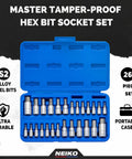 Tamper Proof Hex Bit Socket Set 26 Piece For SAE And Metric Sizes in blue case with S2 alloy steel bits on display