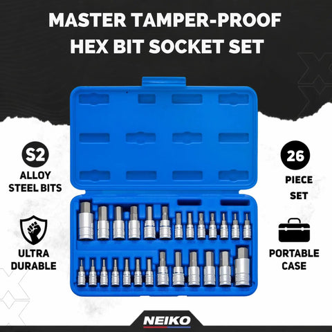 Tamper Proof Hex Bit Socket Set 26 Piece For SAE And Metric Sizes in blue case with S2 alloy steel bits on display