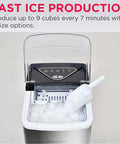 Portable Stainless Steel Countertop Ice Maker Machine That Whips Up To 26 Pounds Of Fast Freezing Cubes Daily with clear window showing ice.