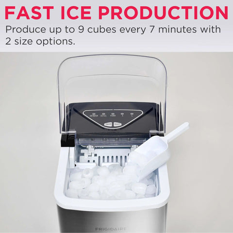 Portable Stainless Steel Countertop Ice Maker Machine That Whips Up To 26 Pounds Of Fast Freezing Cubes Daily with clear window showing ice.