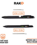 11 In 1 Multitool Pen Set With LED Light And Stylus Screwdrivers Level Ruler Bottle Opener And More Cool Gadgets 2 Pack EDC Tactical Pens Gift For Men Dad Handy Guys Gift Box Ready, showing measurements and ink refills.