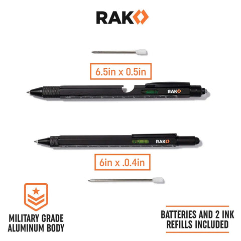 11 In 1 Multitool Pen Set With LED Light And Stylus Screwdrivers Level Ruler Bottle Opener And More Cool Gadgets 2 Pack EDC Tactical Pens Gift For Men Dad Handy Guys Gift Box Ready, showing measurements and ink refills.