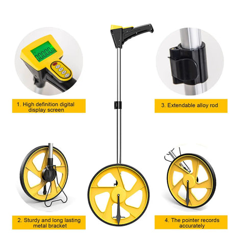 Digital Distance Measuring Wheel With Telescopic Handle And Seamless Metric Imperial Switching featuring a bright LCD and durable alloy rod.