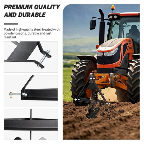 Beefy Category 1 Three Point Middle Buster Plow With Single Shank Furrower on tractor in field, heavy duty steel, powder coat
