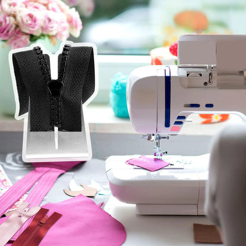 Zipper on a sewing table with sewing machine and colorful fabric, featuring Zipper Jig Tools Set Pro Grade Stainless Steel Quick Zipper Pull Tool With Sliders and Installation Jig for Repair 2 Piece Pack Includes 6 Screws Durable Metal Zipper Puller Kit For Easy Fixes.