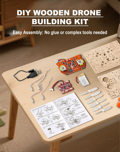 Hands On Wooden Drone Building Kit For Beginners Build Your Own RC Quadrotor With 4 Axis Flight Mini Wood Drone Model Creative Aircraft Craft Kit For STEM Learners And Young Engineers parts displayed on a table.