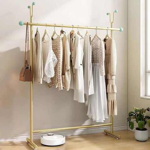 Beefy Heavy Duty Clothing Rack With Hooks For Home And Laundry Movable Clothes Rail In Gold Finish, 59.1 Inch Iron Construction