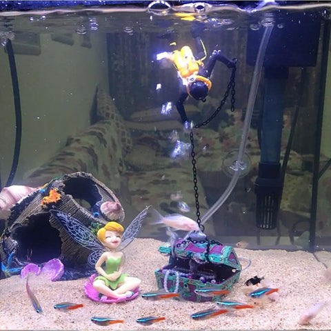 Undersea Treasure Chest Diver Action Aquarium Ornament in aquarium with diver and bubbles, durable resin, safe for fish tanks