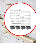 80 Piece Pegboard Hooks Set For 2.5 Cm Holes, heavy-duty metal pegboard hooks and bins arranged on a pegboard