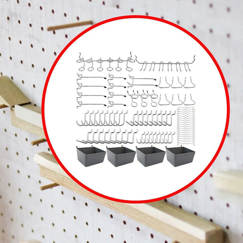 80 Piece Pegboard Hooks Set For 2.5 Cm Holes, heavy-duty metal pegboard hooks and bins arranged on a pegboard