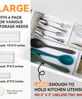 Six Pack Clear Acrylic Drawer Organizer Trays Featuring Non Slip Silicone Pads, large size for kitchen utensils.