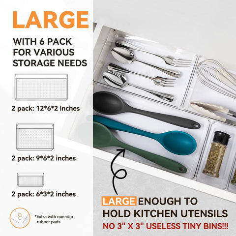 Six Pack Clear Acrylic Drawer Organizer Trays Featuring Non Slip Silicone Pads, large size for kitchen utensils.