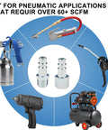 Beefy High Flow Half Inch Air Hose Fittings Set With Four Male IM Industrial NPT Plugs And One Female Air Plug in use with tools