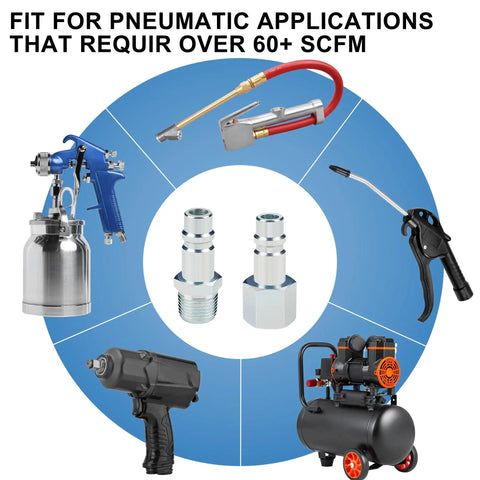 Beefy High Flow Half Inch Air Hose Fittings Set With Four Male IM Industrial NPT Plugs And One Female Air Plug in use with tools
