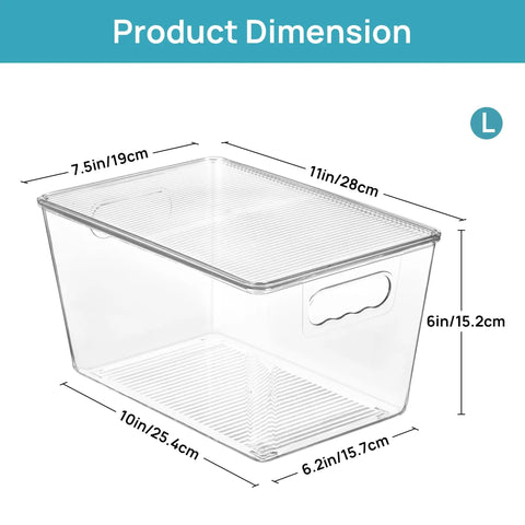 Hella Nifty Clear Stackable Storage Bins With Secure Snap Lids And Comfortable Side Handles And Large 6 Pack Real Deal Option For Kitchen Pantry Closet Fridge Under Sink Bathroom Organization dimensions showing size and design