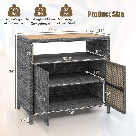 Rattan Storage Cabinet With Acacia Wood Countertop For Patio Or Garden, Open Shelf And Double Door Cabinet, size 35.5x21x34 in