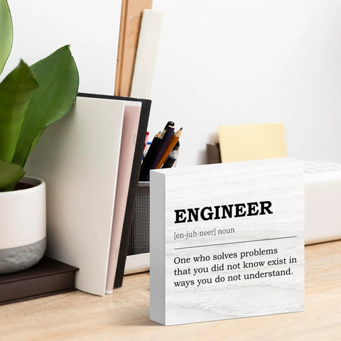 Engineer Definition Decor Box Sign For Office And Home Nerdy Wooden Gift For Civil Software Mechanical Electrical Engineers Great Desk Decor For Coworkers Friends And Family Rustic 5x5 Inches placed on a desk