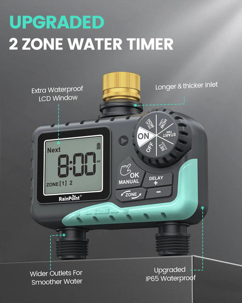 No Fuss Dual Outlet Hose Timer For Yard Watering With Two Zone Scheduling, Brass Water Timer, programmable drip irrigation, LCD display
