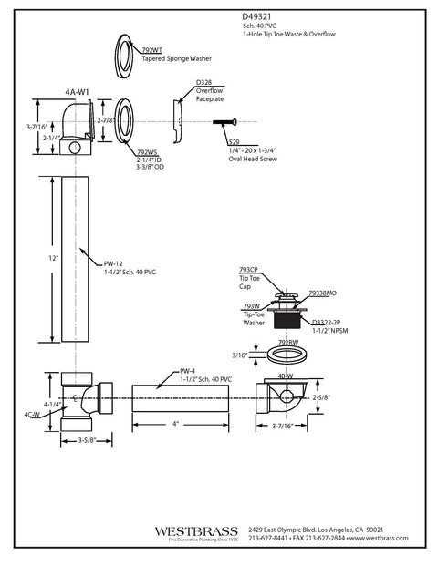 Mechanical diagram for Tip Toe Schedule 40 PVC Bath Waste Assembly With One Hole Elbow Matte Black Finish Tub Drain Plug Faceplate.