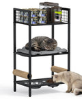 Four In One Cat Furniture Stand With Scratching Post Dual Feeding Bowls Cozy Bed Platform And Built In Storage Organizer For Small Spaces Matte Black Cat Tower That Dope Setup Adds Serious Space Savings And Cat Happiness with two cats using the stand in a compact design.