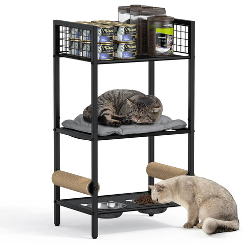 Four In One Cat Furniture Stand With Scratching Post Dual Feeding Bowls Cozy Bed Platform And Built In Storage Organizer For Small Spaces Matte Black Cat Tower That Dope Setup Adds Serious Space Savings And Cat Happiness with two cats using the stand in a compact design.