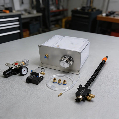 Heavy Duty Cnc Mist Coolant System With 3L Oil Mist Spray Pump For Machine Tools And Workshop Lubrication Featuring Solenoid Valve And Shoots Like A Dream on a workbench.