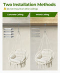 Macrame Hammock Chair With Super Comfy Cloud Cushion installation for concrete and wood ceilings