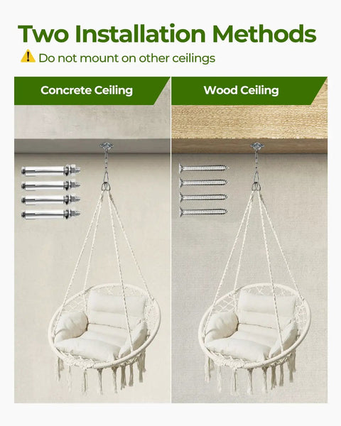 Macrame Hammock Chair With Super Comfy Cloud Cushion installation for concrete and wood ceilings