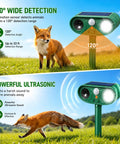 Two Pack Solar Ultrasonic Animal Repeller Set To Keep Cats, Deer And Other Pests And Critters Off Your Lawn And Garden, Easy Stake In Outdoor Deterrents That Recharge In Sun And Work Day And Night. Solar ultrasonic repeller on stake in lawn, 120° PIR motion sensor
