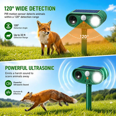 Two Pack Solar Ultrasonic Animal Repeller Set To Keep Cats, Deer And Other Pests And Critters Off Your Lawn And Garden, Easy Stake In Outdoor Deterrents That Recharge In Sun And Work Day And Night. Solar ultrasonic repeller on stake in lawn, 120° PIR motion sensor