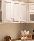 2 Pack Barn Door Handles Set in Stainless Steel installed on white kitchen cabinets, 160mm, silver finish, sliding door pull handles.