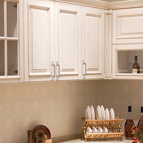 2 Pack Barn Door Handles Set in Stainless Steel installed on white kitchen cabinets, 160mm, silver finish, sliding door pull handles.