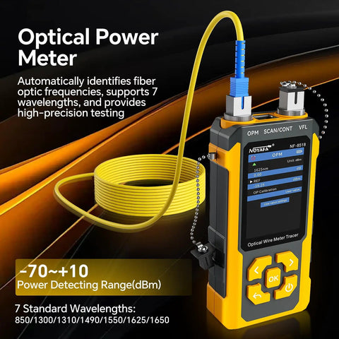 All In One Network Cable Tester With Optical Power Meter And VFL For Tech Pros, yellow handheld fiber optic meter with 7 wavelengths