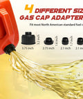 4 gas cap adapters in various sizes for fuel transfer, suitable for North American fuel cans with a red gas can pouring fuel.