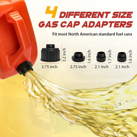 4 gas cap adapters in various sizes for fuel transfer, suitable for North American fuel cans with a red gas can pouring fuel.