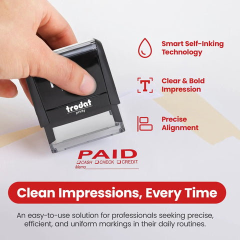 Dead Simple Self Inking Rubber Stamp For Quick Cash Check And Credit Transactions Bold Red Paid Mark With Roomy Memo Line Rapid Align Guide in use.