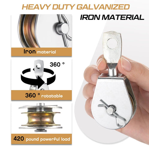 Close-up of 8 Pack Single Pulley Block Wheel 4 Inch Heavy Duty Zinc Plated Iron 360 Degree Swivel Pulley Roller held in hand