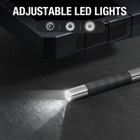 Two Way Articulating Borescope With Light, 5 Inch IPS Endoscope Camera showing adjustable LED lights in use