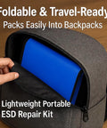 Portable ESD repair kit stored in a gray backpack; blue laptop partially tucked into the front pocket