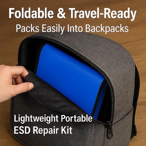 Portable ESD repair kit stored in a gray backpack; blue laptop partially tucked into the front pocket